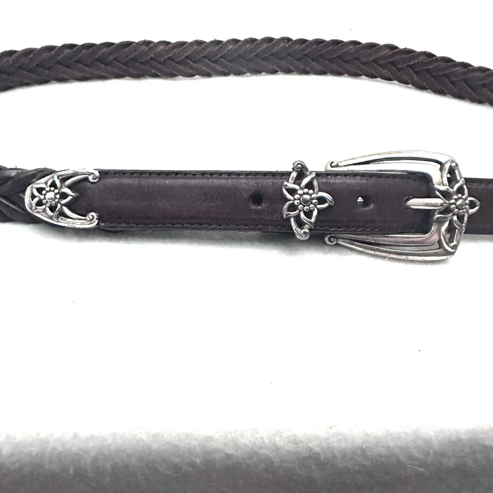 Brighton L 34 Espresso Brown Braided Leather Belt Silver Floral Western Buckle